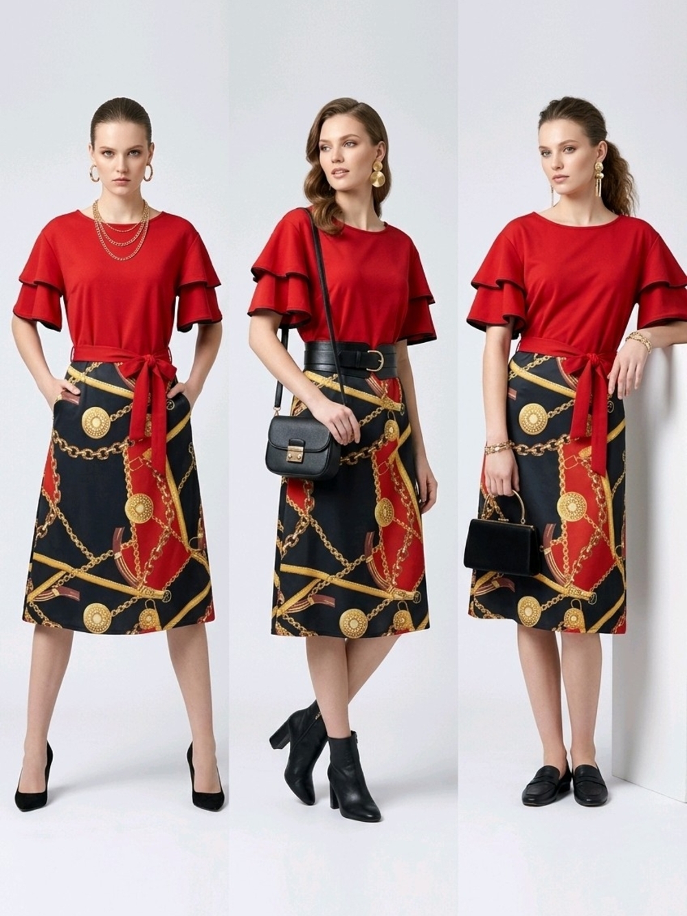 Red Ruffled Sleeve Top with Black Chain-Print Midi Skirt